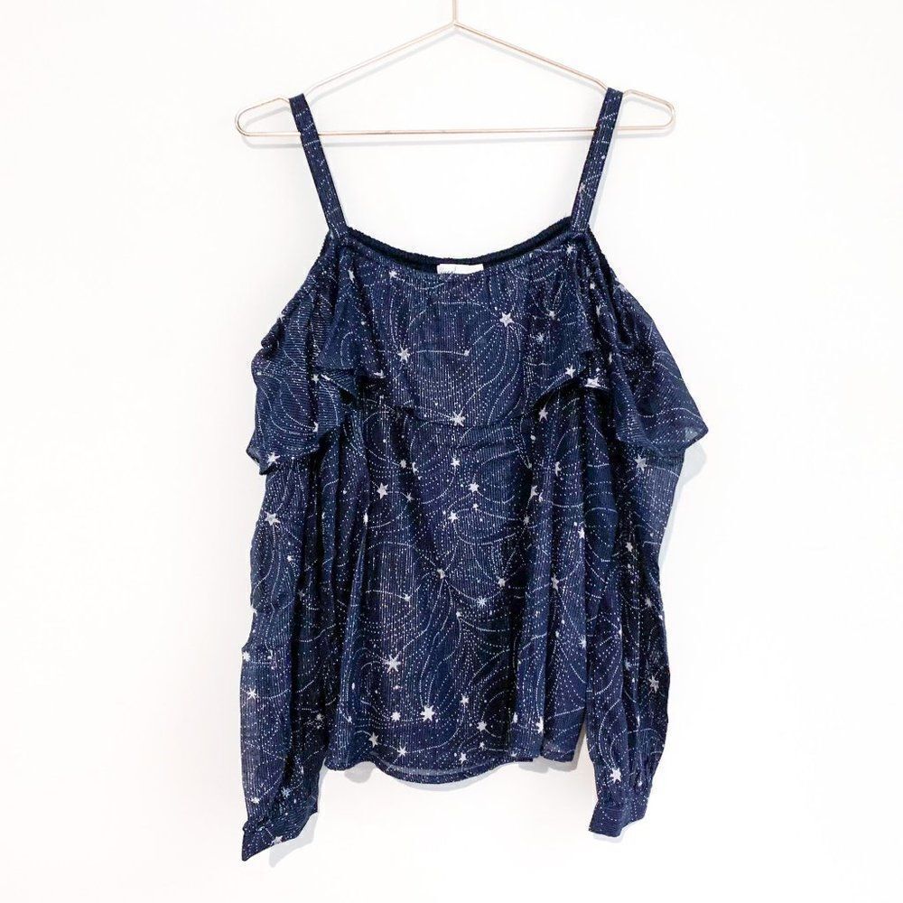 NWT Floreat Anthropologie Navy Blue Metallic Silver Star Cold Shoulder Top - Picture 3 of 11
